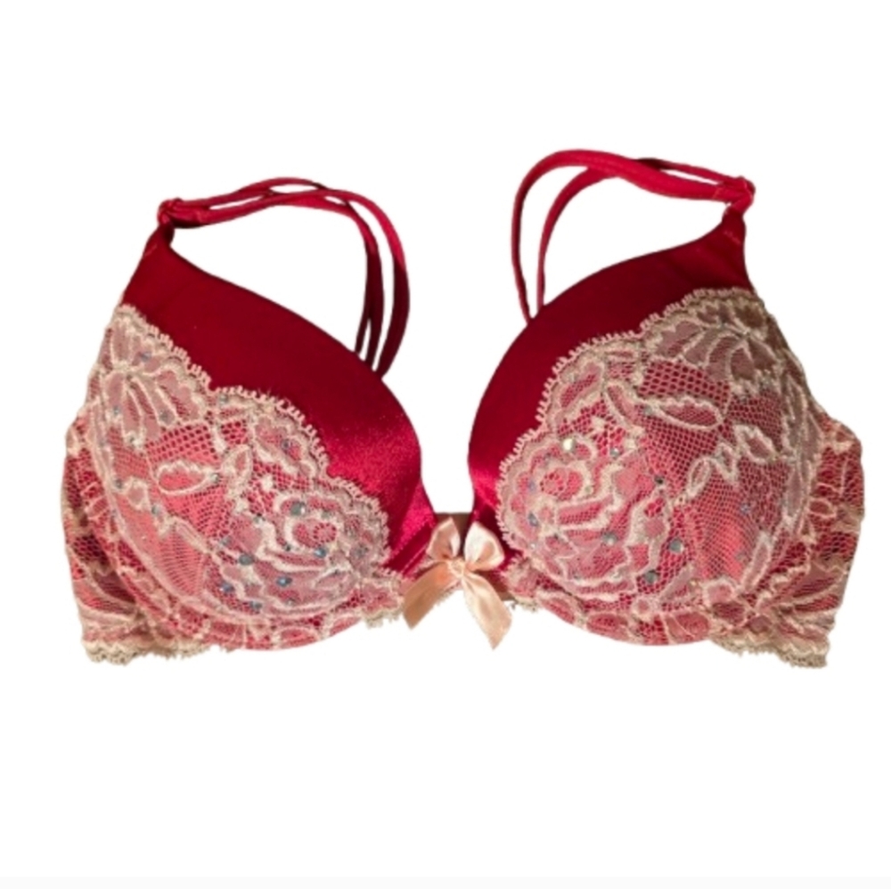 Victorias Secret Very Sexy Red/Coral Rhinestone & Lace Plunge Push-up Bra 32C